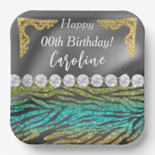 Teal Green Zebra Print & Gold Silver Birthday Paper Plate