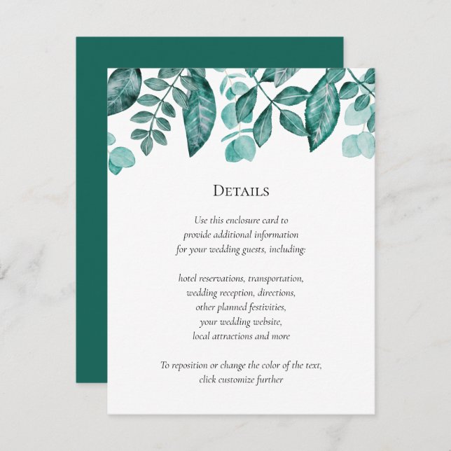 Teal Greenery Details Wedding Other Information Enclosure Card (Front/Back)