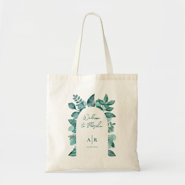 Teal Greenery Wedding Welcome Hotel Guest Tote Bag (Front)