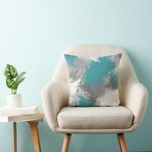Teal Grey Abstract Brushstrokes Cushion