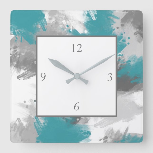 Teal Grey Abstract Brushstrokes Square Wall Clock (Front)