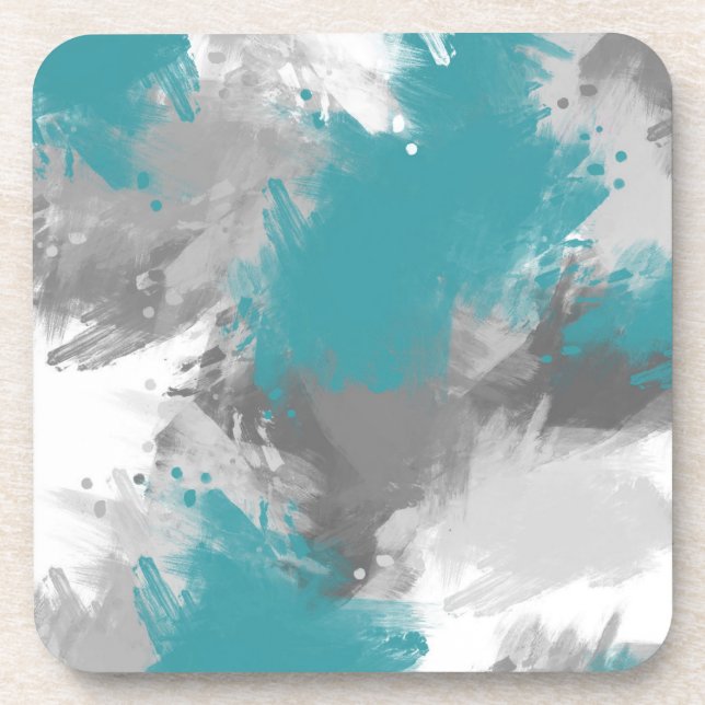 Teal Grey Abstract Modern Brushstrokes Coaster (Front)