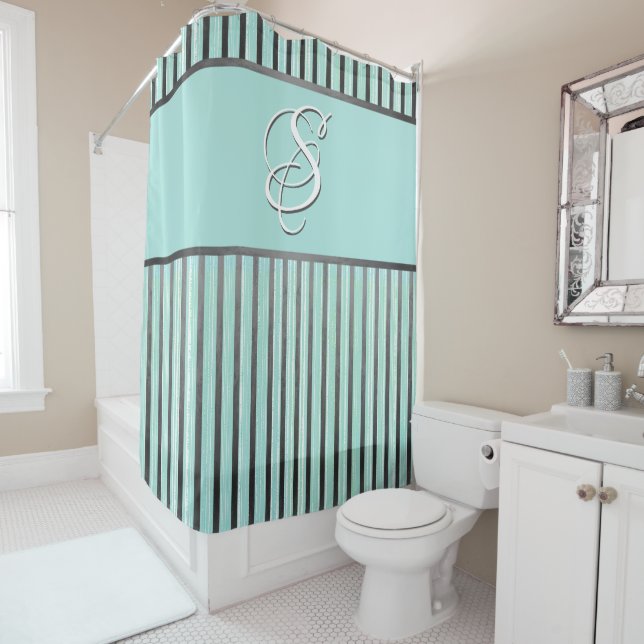 Teal, Grey, and White Stripes Shower Curtain (In Situ)