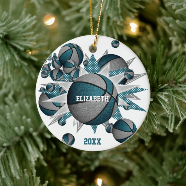teal grey basketball blowout girls sports ceramic ornament (Tree)