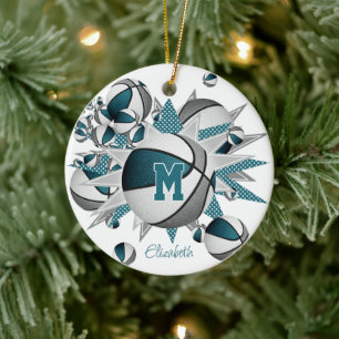 teal grey basketballs stars girls keepsake year ceramic ornament