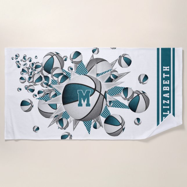 teal grey basketballs stars girls monogrammed beach towel (Front)