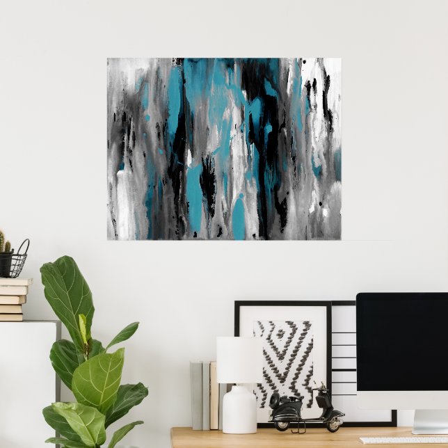 Teal Grey Black and White Abstract Poster (Home Office)