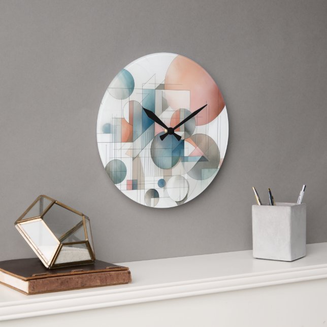 Teal Grey Blue Beige Rust Red Abstract Art Pattern Large Clock (Office)