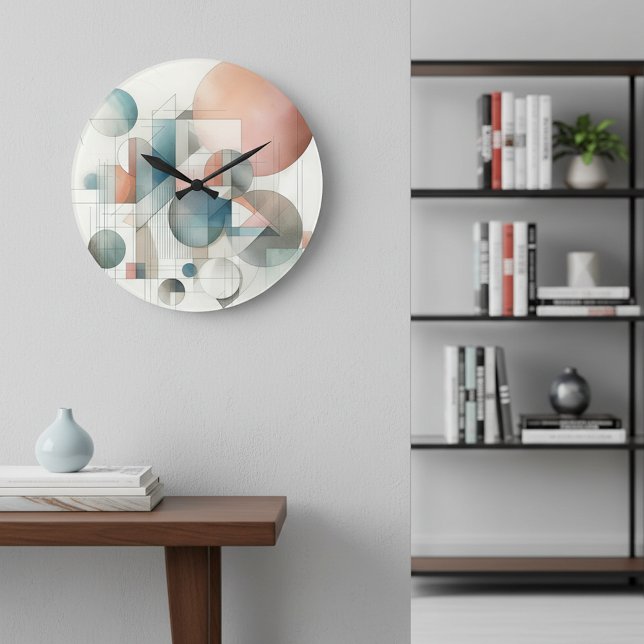 Teal Grey Blue Beige Rust Red Abstract Art Pattern Large Clock (Creator Uploaded)