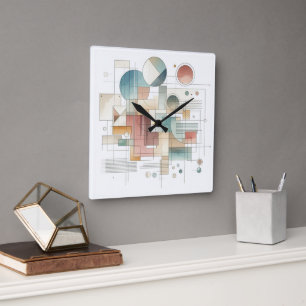 Teal Grey Blue Beige Rust Red Abstract Art Pattern Square Wall Clock