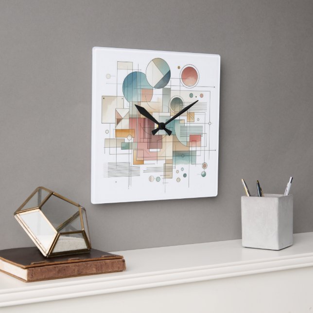 Teal Grey Blue Beige Rust Red Abstract Art Pattern Square Wall Clock (Office)