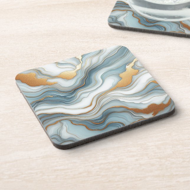 Teal Grey Blue Gold Marble Art Pattern Coaster (Left Side)