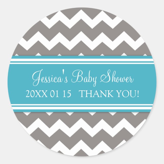Teal Grey Chevron Baby Shower Favour Stickers (Front)