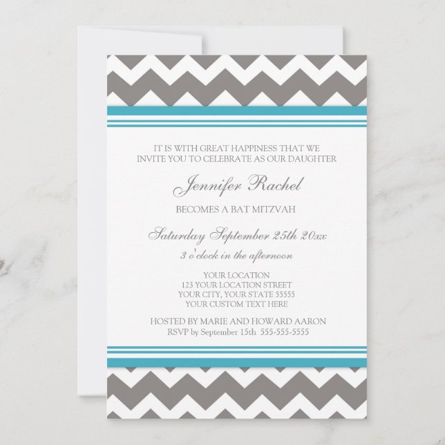 Teal Grey Chevron Bat Mitzvah Invitations (Back)