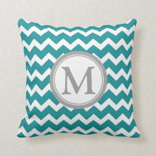 Teal Grey Chevron Monogram Decorative Pillow