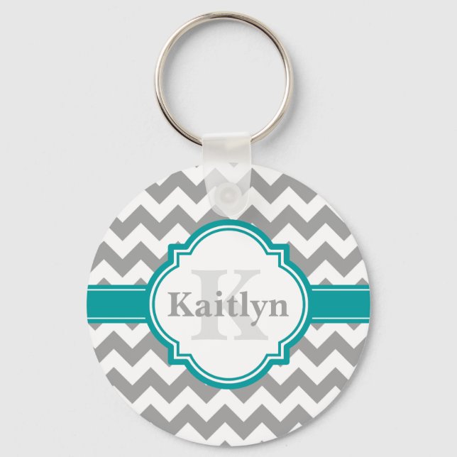 Teal Grey Chevron Pattern & Moroccan Quatrefoil Key Ring (Front)