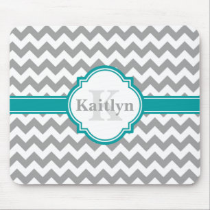 Teal Grey Chevron Pattern & Moroccan Quatrefoil Mouse Pad