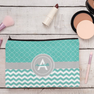 Teal Grey Chevron Quatrefoil Accessory Pouch
