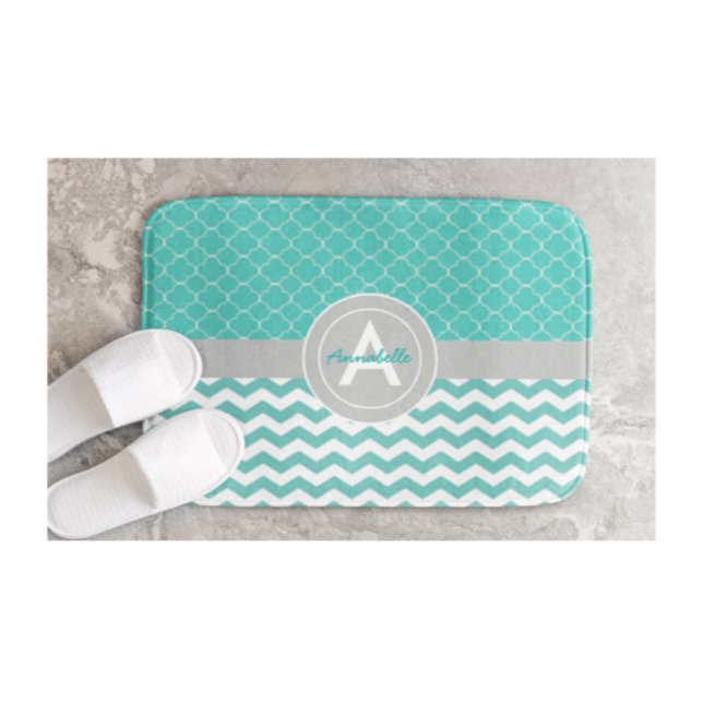 Teal Grey Chevron Quatrefoil Bath Mat (Creator Uploaded)