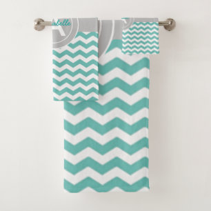 Teal Grey Chevron Quatrefoil Bath Towel Set