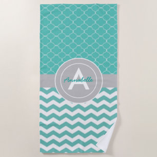 Teal Grey Chevron Quatrefoil Beach Towel