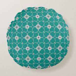 Teal Grey Christmas Floral Pattern Round Cushion