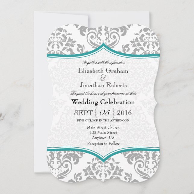 Teal Grey Damask Bracket Wedding Invite (Front)