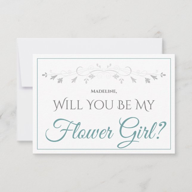 Teal & Grey Elegant Be My Flower Girl Card (Front)