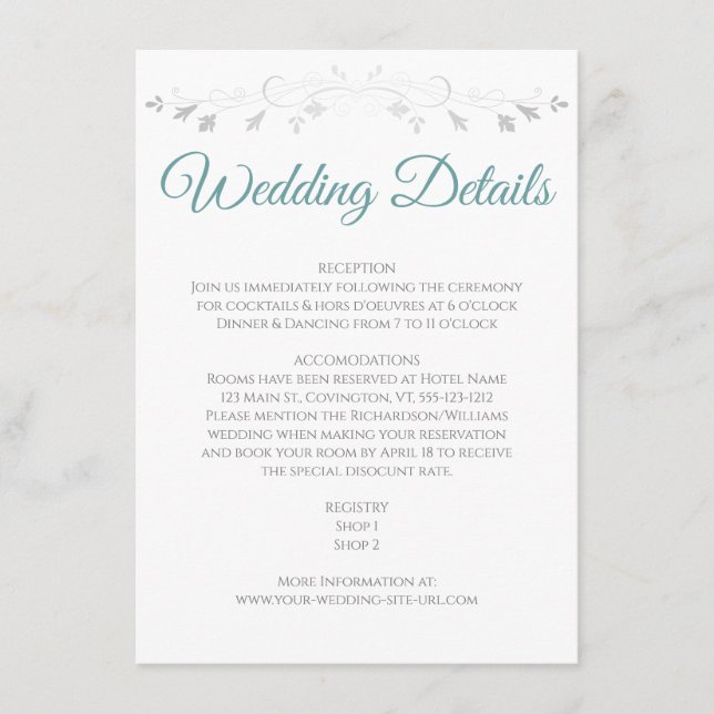 Teal & Grey Elegant Wedding Details Enclosure Card (Front)