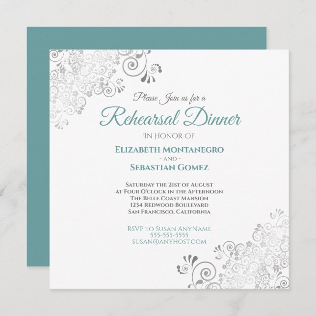 Teal & Grey Elegant Wedding Rehearsal Dinner Invitation (Front/Back)
