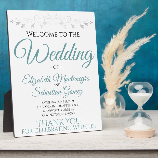Teal & Grey Elegant Wedding Welcome Sign Plaque (Side)