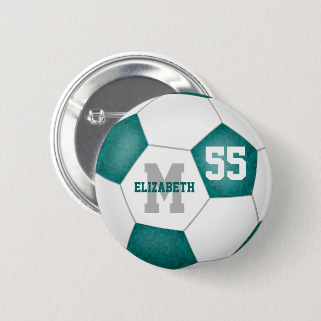 teal grey girly soccer personalised 6 cm round badge (Front & Back)
