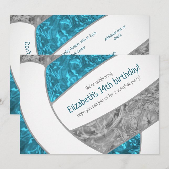 teal grey girly volleyball birthday party invitation (Front/Back)