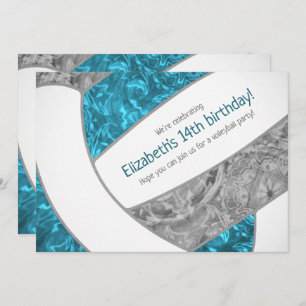 teal grey girly volleyball birthday party invitation