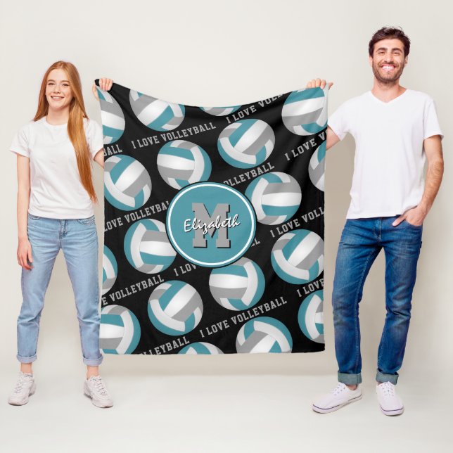 teal grey I love volleyball text pattern Fleece Blanket (In Situ)