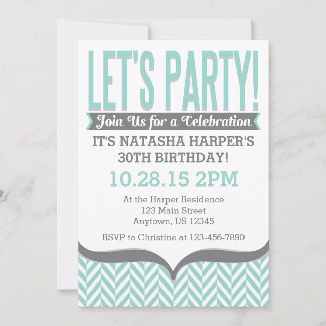Teal Grey Modern Herringbone Birthday Invitations (Front)