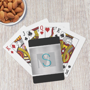 Teal & Grey Monogram, Brushed Silver, Black Playing Cards