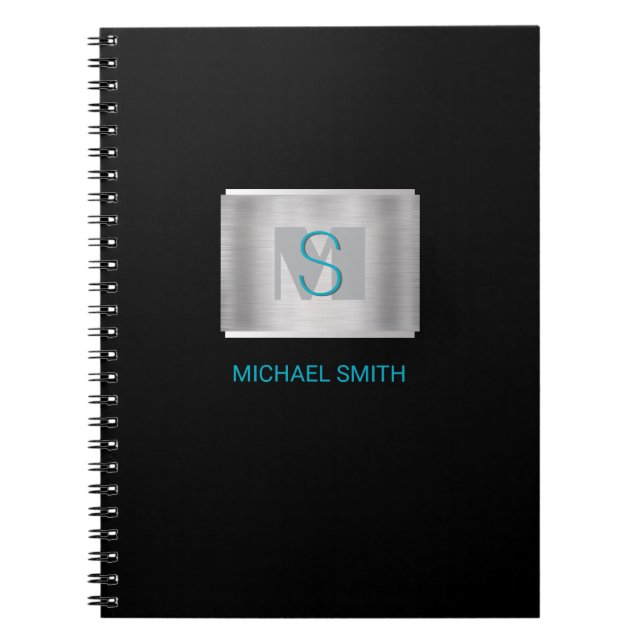 Teal & Grey Monogram, Name, Brushed Silver, Black Notebook (Front)