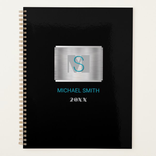 Teal & Grey Monogram, Name, Year Silver & Black Planner (Front)