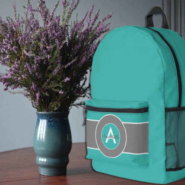 Teal Grey Monogram Personalised Printed Backpack (Creator Uploaded)