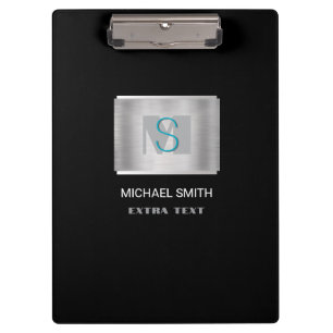 Teal & Grey Monogram White Name, Silver & Black Clipboard