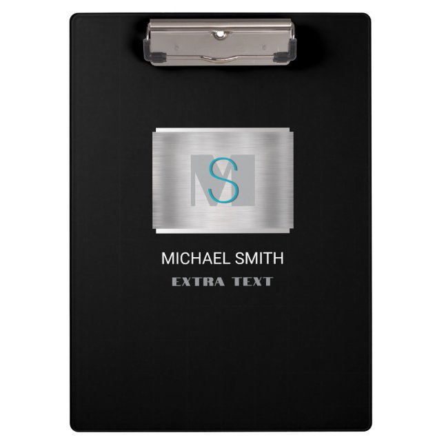 Teal & Grey Monogram White Name, Silver & Black Clipboard (Front)
