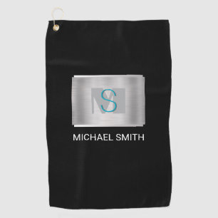Teal & Grey Monogram, White Name Silver, Black Golf Towel