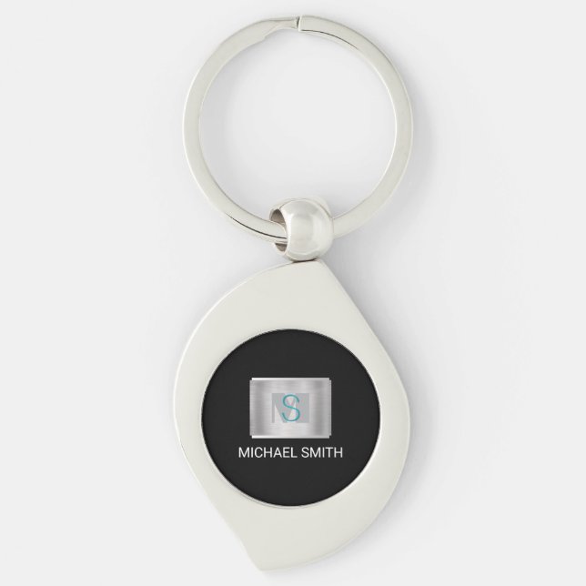 Teal & Grey Monogram, White Name Silver, Black Key Ring (Front)
