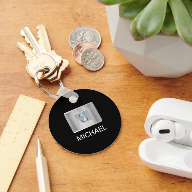 Teal & Grey Monogram, White Name Silver, Black Key Ring (Desk)