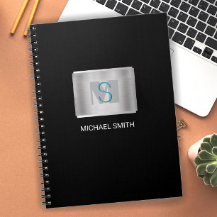 Teal & Grey Monogram, White Name, Silver, Black Notebook