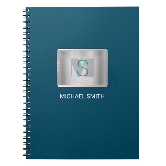 Teal & Grey Monogram, White Name, Silver Dark Blue Notebook (Front)