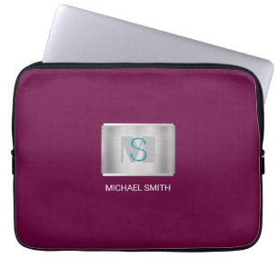 Teal & Grey Monogram, White Name Silver, Maroon Laptop Sleeve