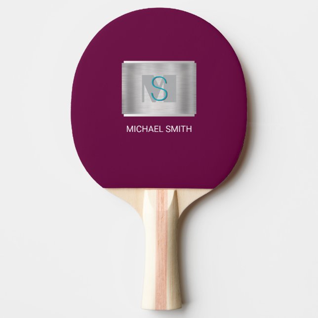 Teal & Grey Monogram, White Name Silver, Maroon Ping Pong Paddle (Front)