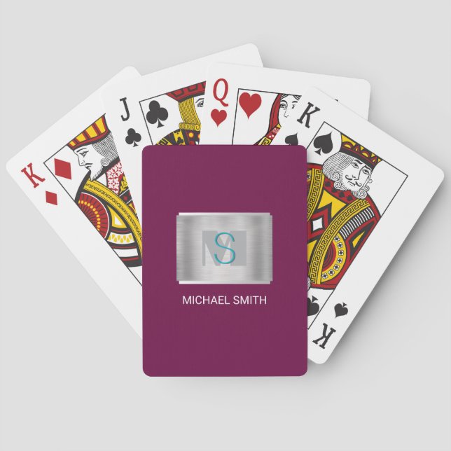 Teal & Grey Monogram, White Name Silver, Maroon Playing Cards (Back)